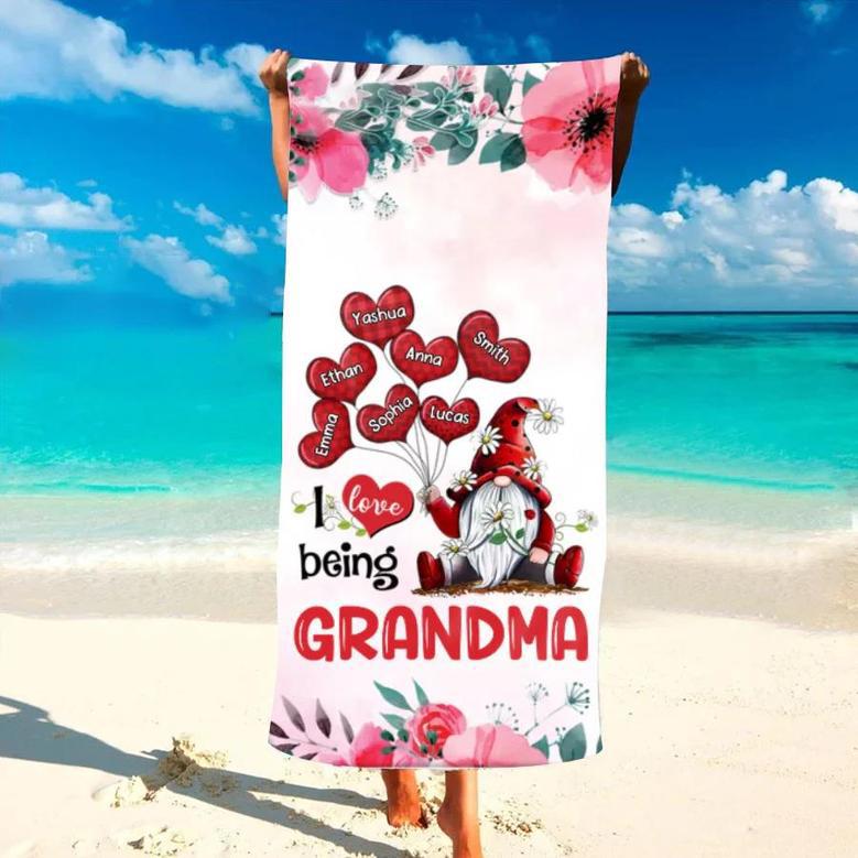 Love Being Grandma Gnomes Balloons Personalized Beach Towels Gift