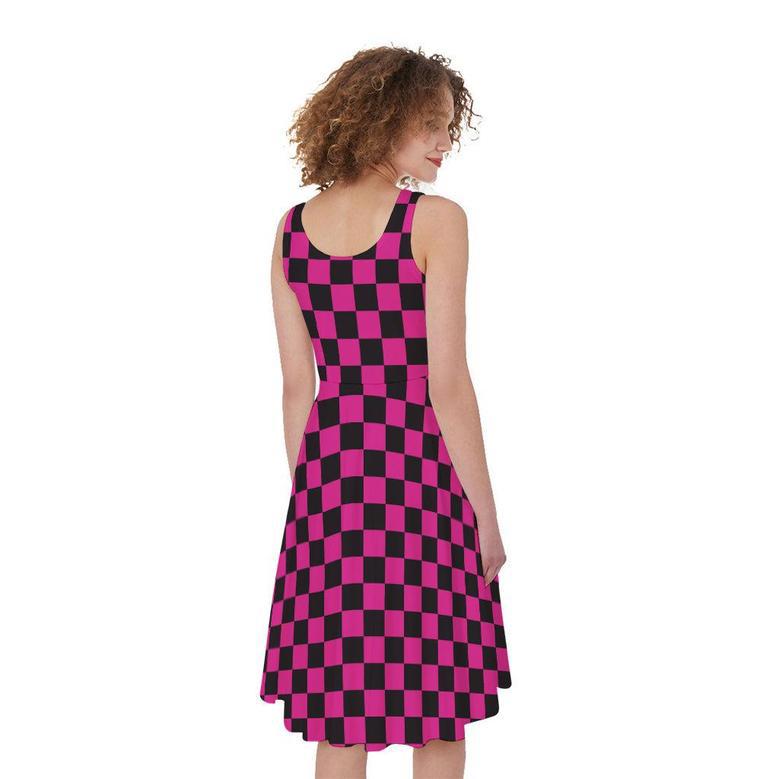 Magenta Pink And Black Checkered Print Sleeveless Knee Length Dress