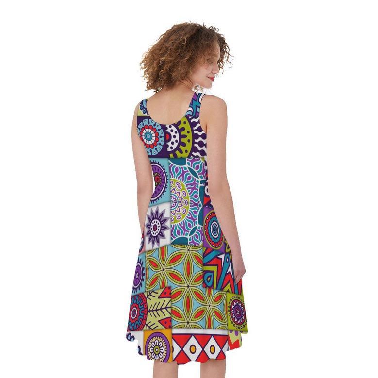 Mandala Tile Bohemian Pattern Print Sleeveless Knee Length Dress