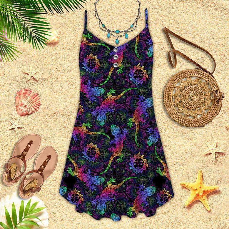 Mandalas Gecko Lizards With Boho Suns Tropical Pattern Spaghetti Strap Summer Dress