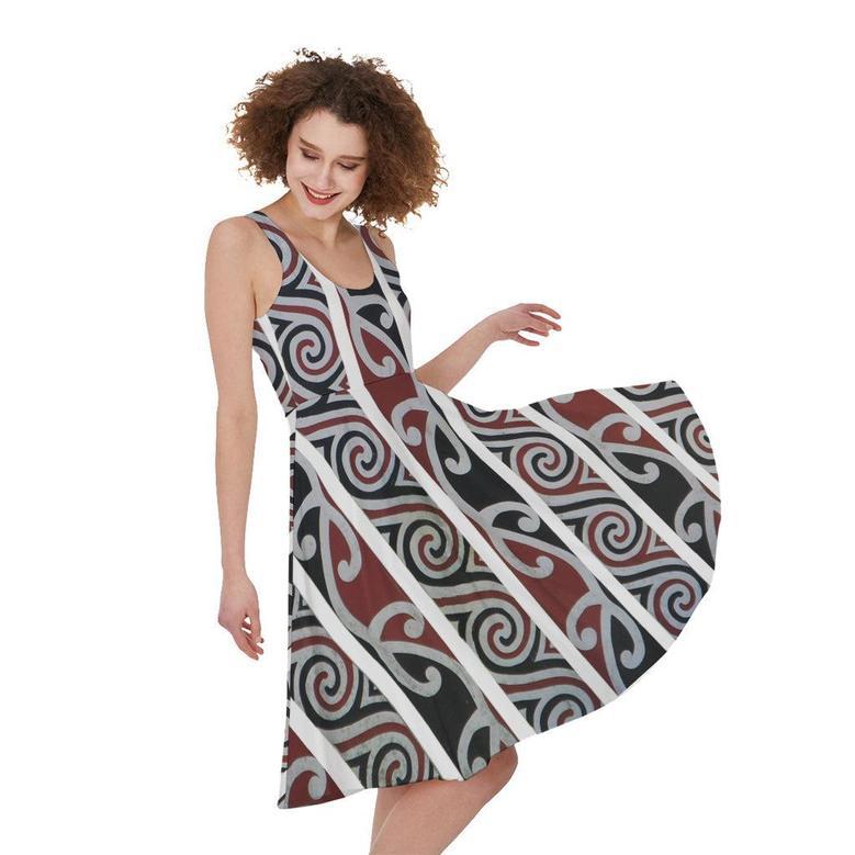 Maori Fence Print Sleeveless Knee Length Dress