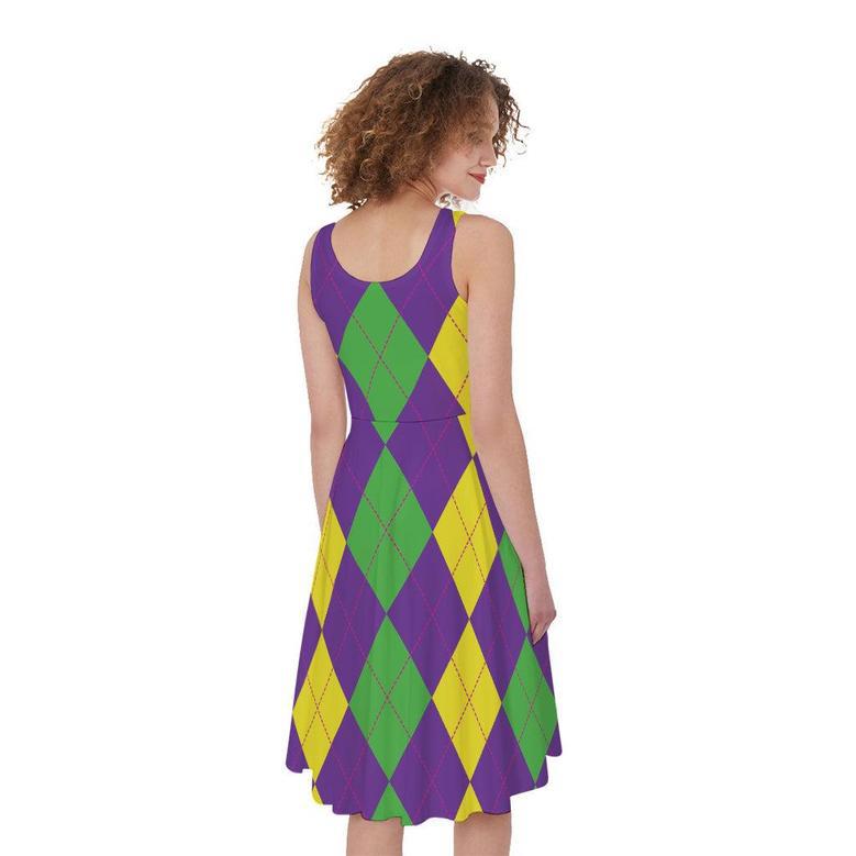 Mardi Gras Argyle Pattern Print Sleeveless Knee Length Dress