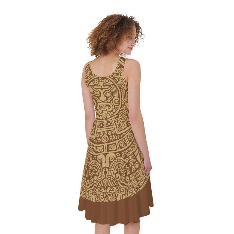 Mayan Calendar Print Sleeveless Knee Length Dress