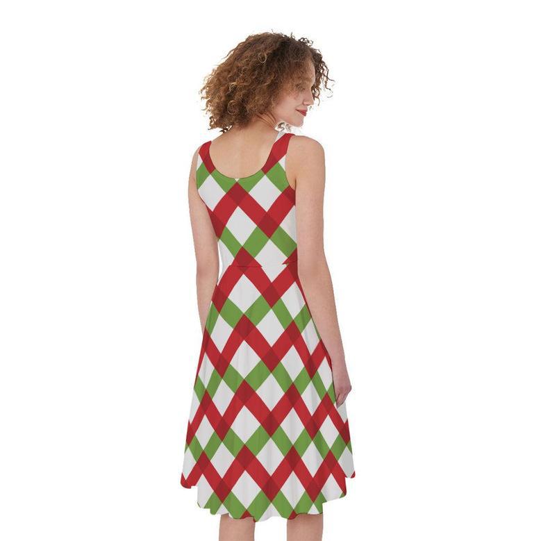 Merry Christmas Checkered Pattern Print Sleeveless Knee Length Dress