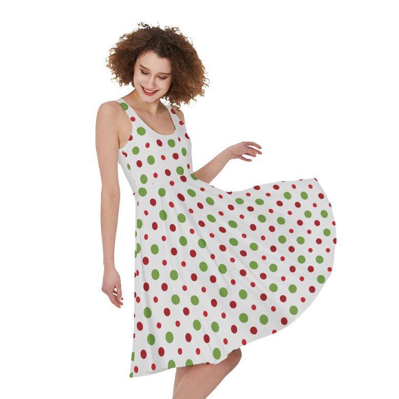 Merry Christmas Dots Pattern Print Sleeveless Knee Length Dress