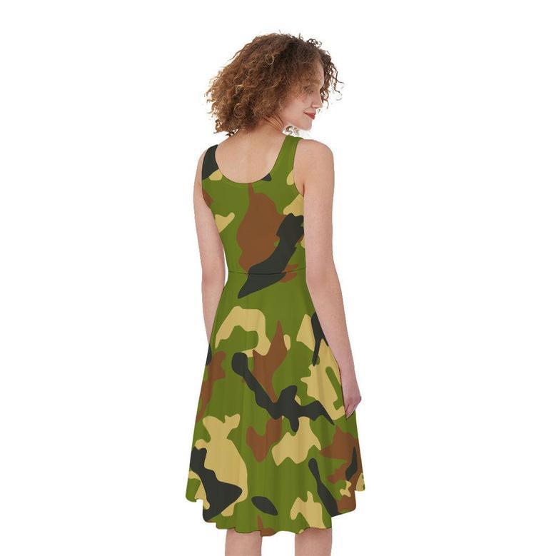 Military Camouflage Print Sleeveless Knee Length Dress