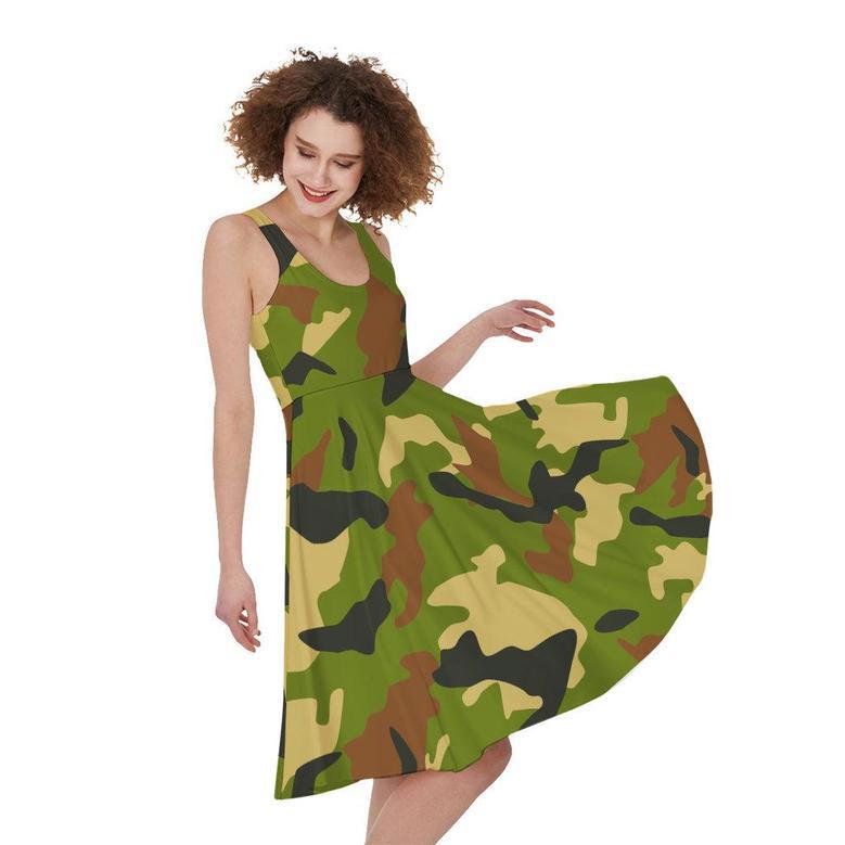 Military Camouflage Print Sleeveless Knee Length Dress