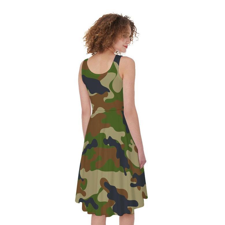 Military Green Camouflage Print Sleeveless Knee Length Dress