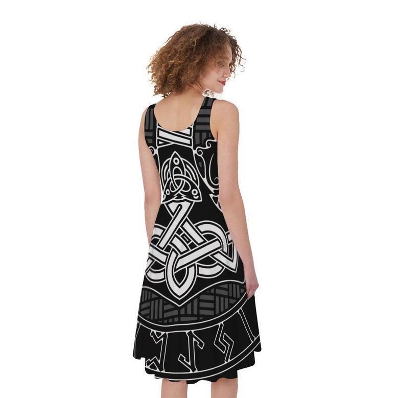 Mjolnir And Scandinavian Runes Print Sleeveless Knee Length Dress