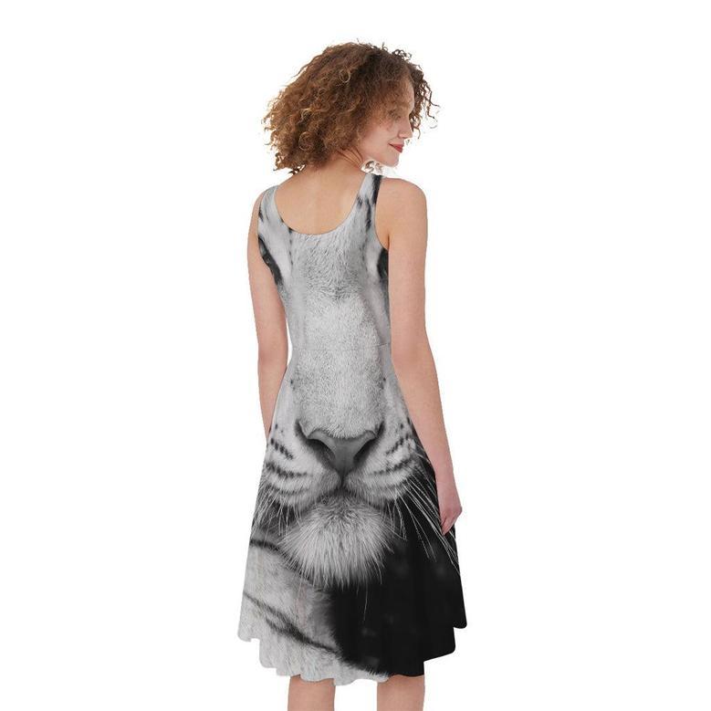 Monochrome White Bengal Tiger Print Sleeveless Knee Length Dress