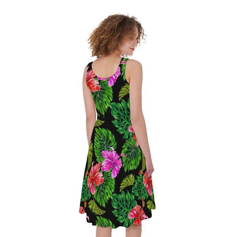 Monstera Hibiscus Hawaii Pattern Print Sleeveless Knee Length Dress