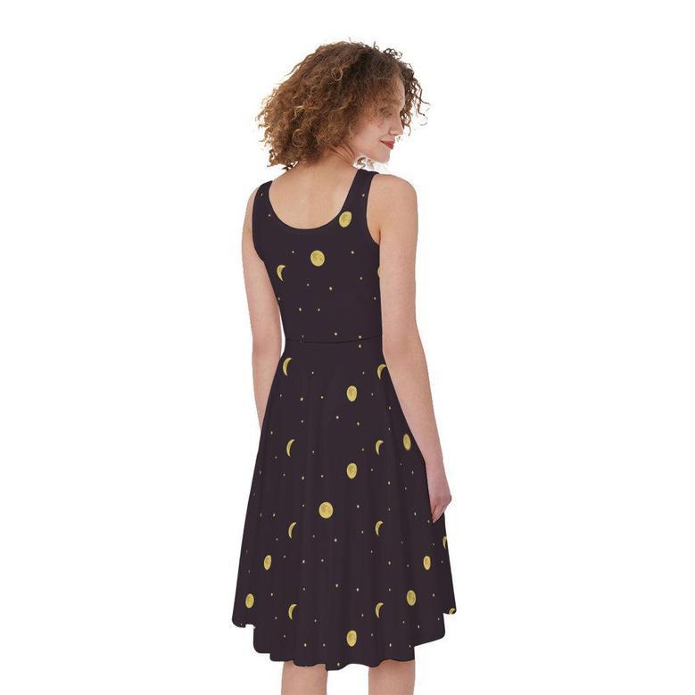 Moon Phase And Stars Pattern Print Sleeveless Knee Length Dress