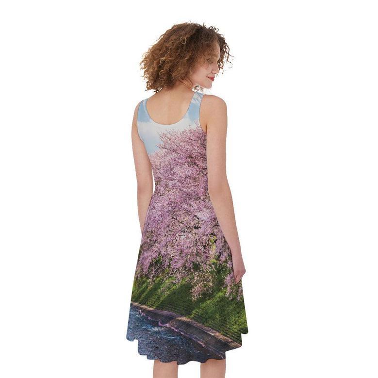 Mount Fuji And Cherry Blossom Print Sleeveless Knee Length Dress