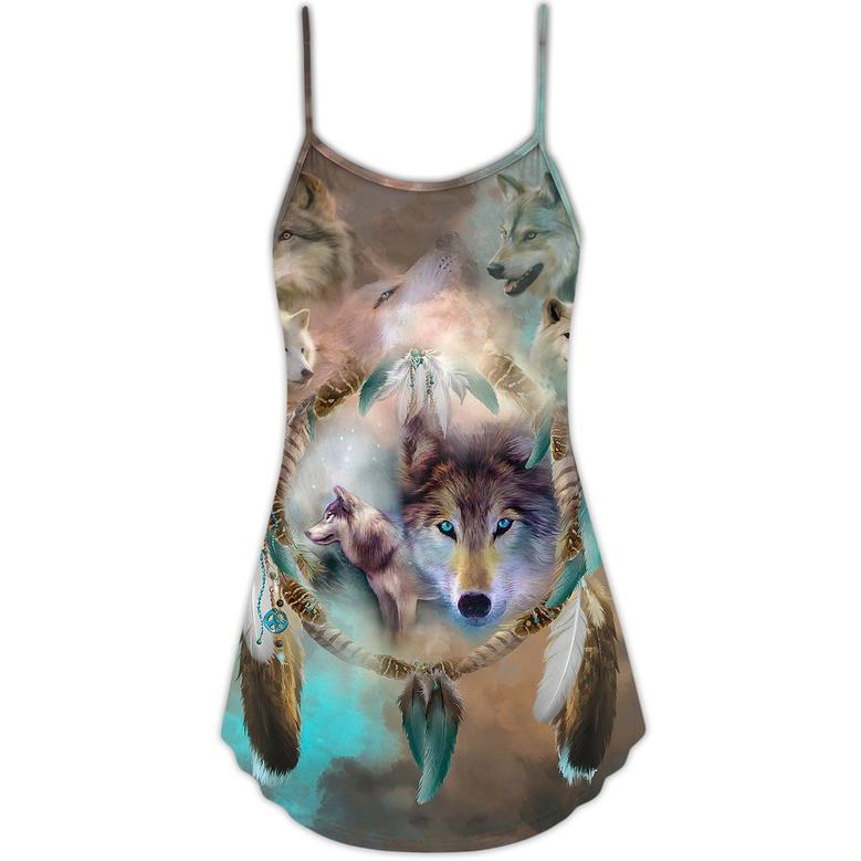 Native American Wolf Dream Catcher Art Style - V-Neck Sleeveless Cami Dress