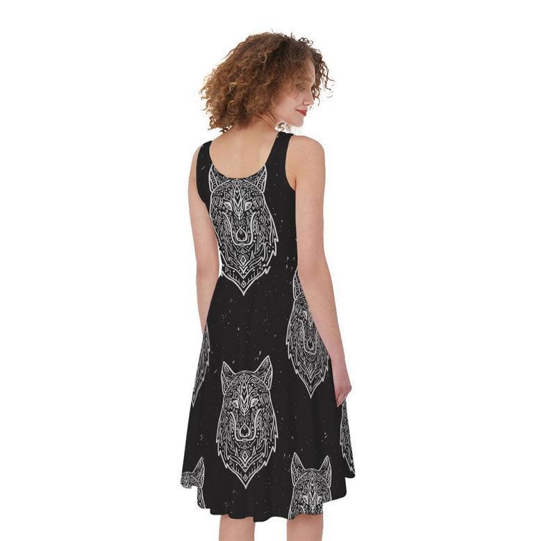 Native Tribal Wolf Pattern Print Sleeveless Knee Length Dress