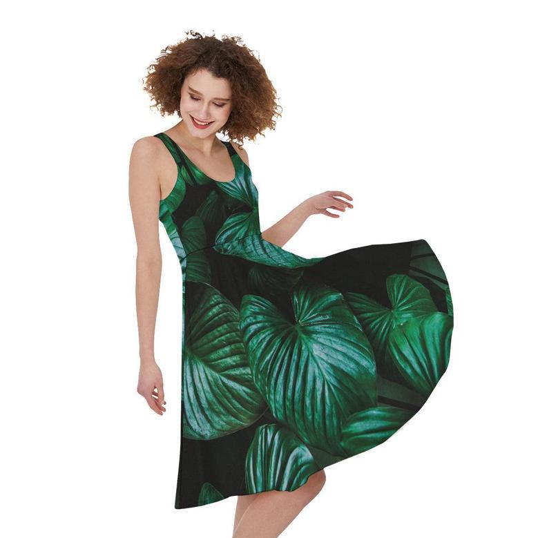 Natural Tropical Leaf Print Sleeveless Knee Length Dress