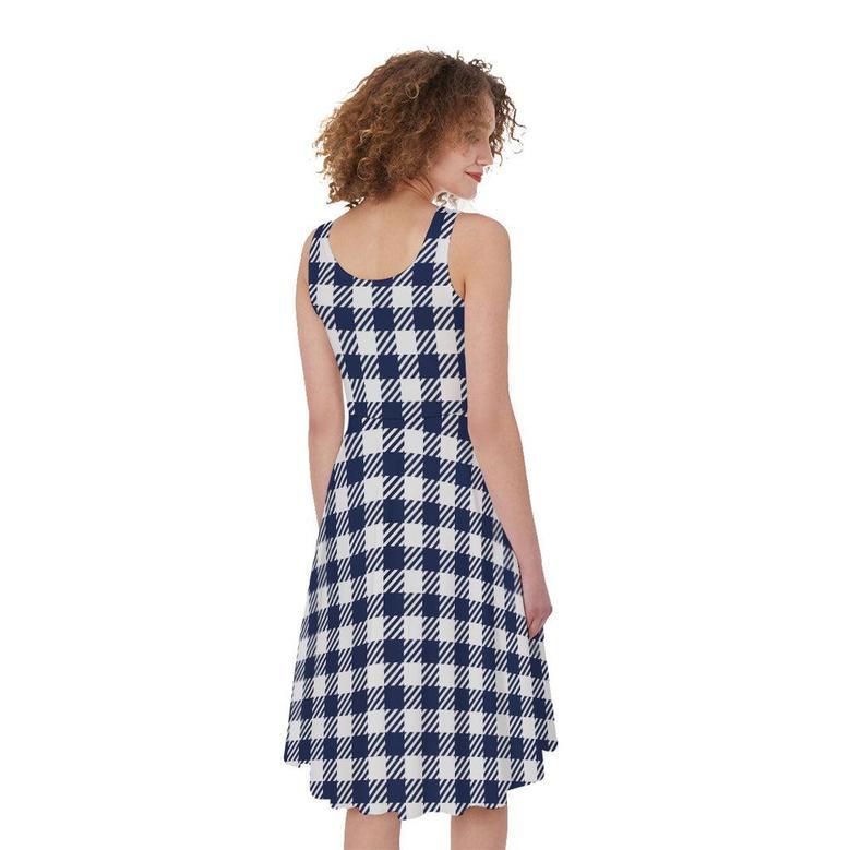 Navy And White Gingham Pattern Print Sleeveless Knee Length Dress