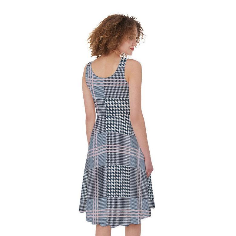 Navy And White Glen Plaid Print Sleeveless Knee Length Dress