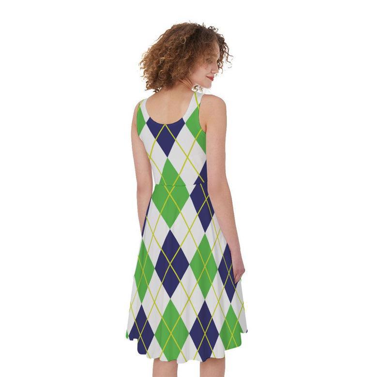 Navy Green And White Argyle Print Sleeveless Knee Length Dress