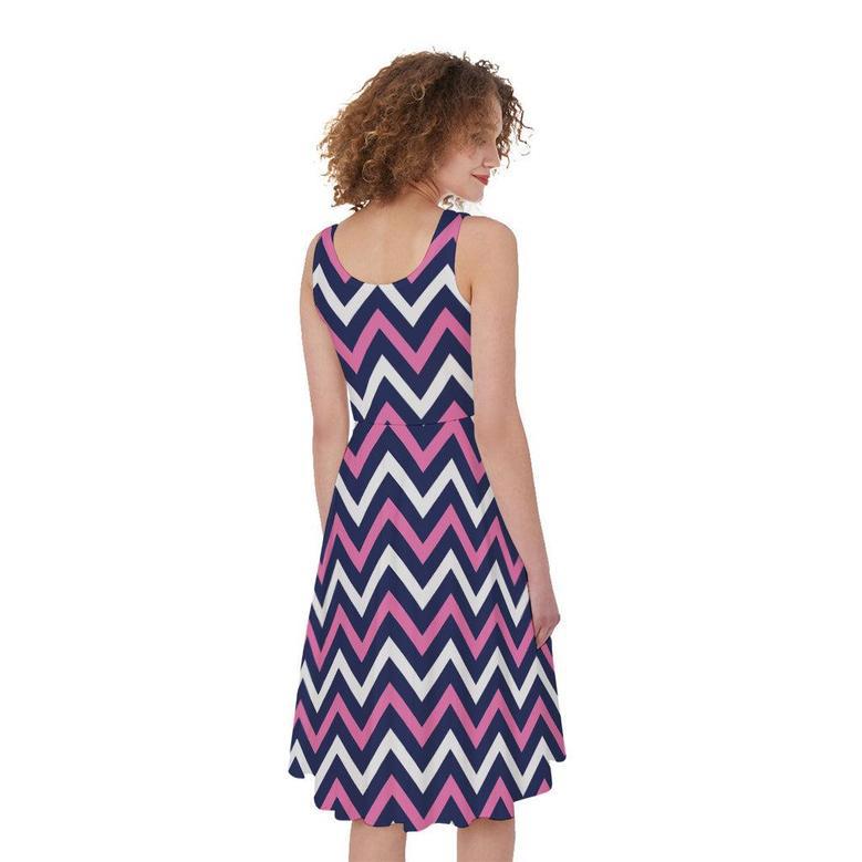 Navy Pink And White Chevron Print Sleeveless Knee Length Dress