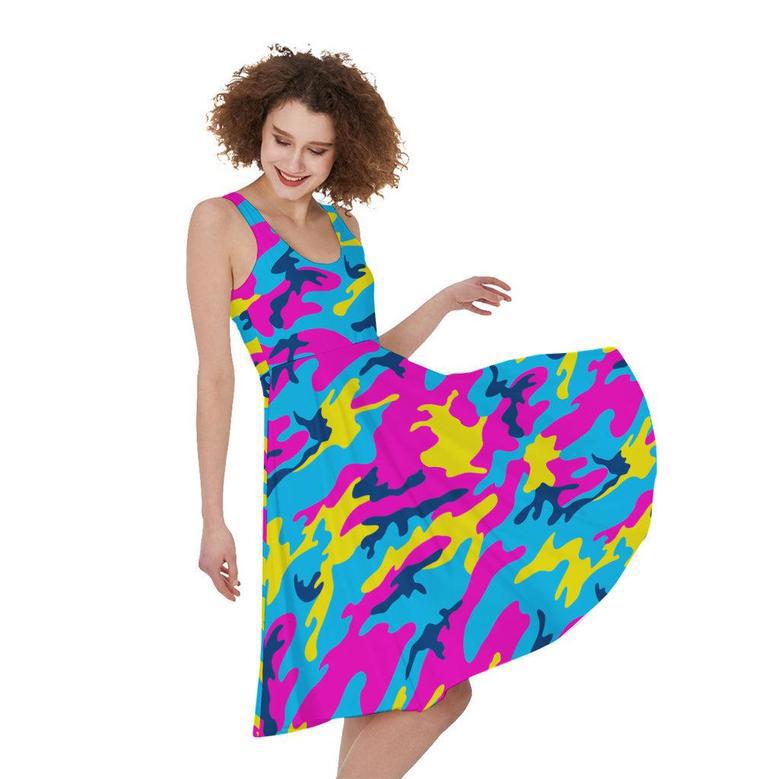 Neon Camouflage Print Sleeveless Knee Length Dress