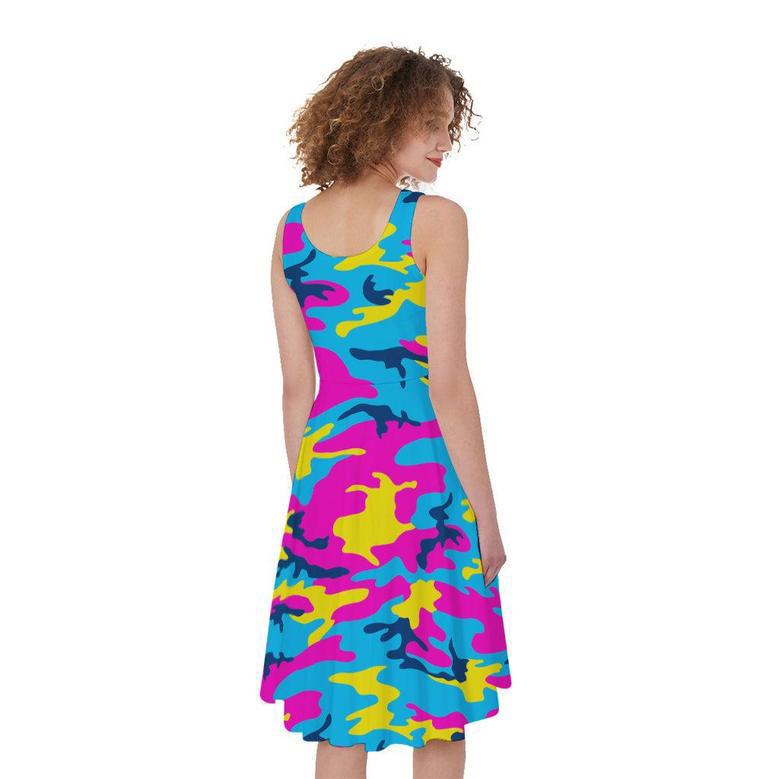 Neon Camouflage Print Sleeveless Knee Length Dress