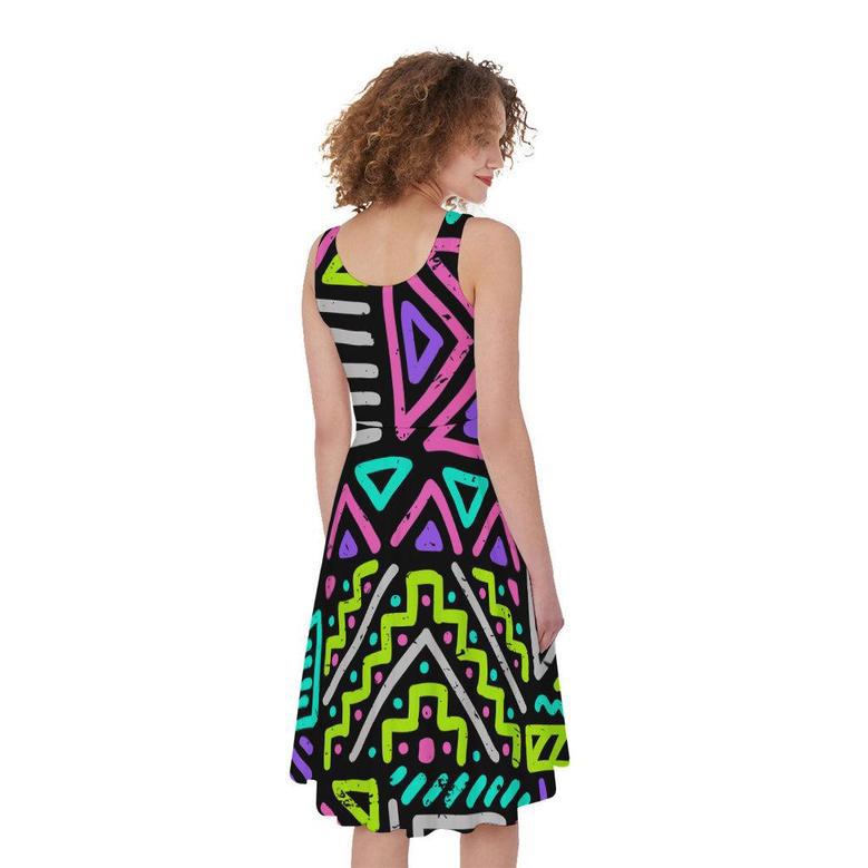 Neon Native Aztec Pattern Print Sleeveless Knee Length Dress