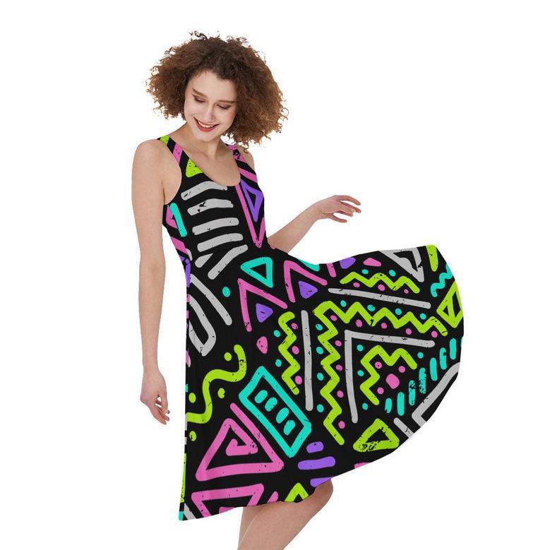 Neon Native Aztec Pattern Print Sleeveless Knee Length Dress