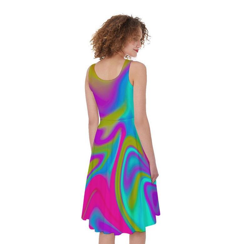 Neon Psychedelic Trippy Print Sleeveless Knee Length Dress