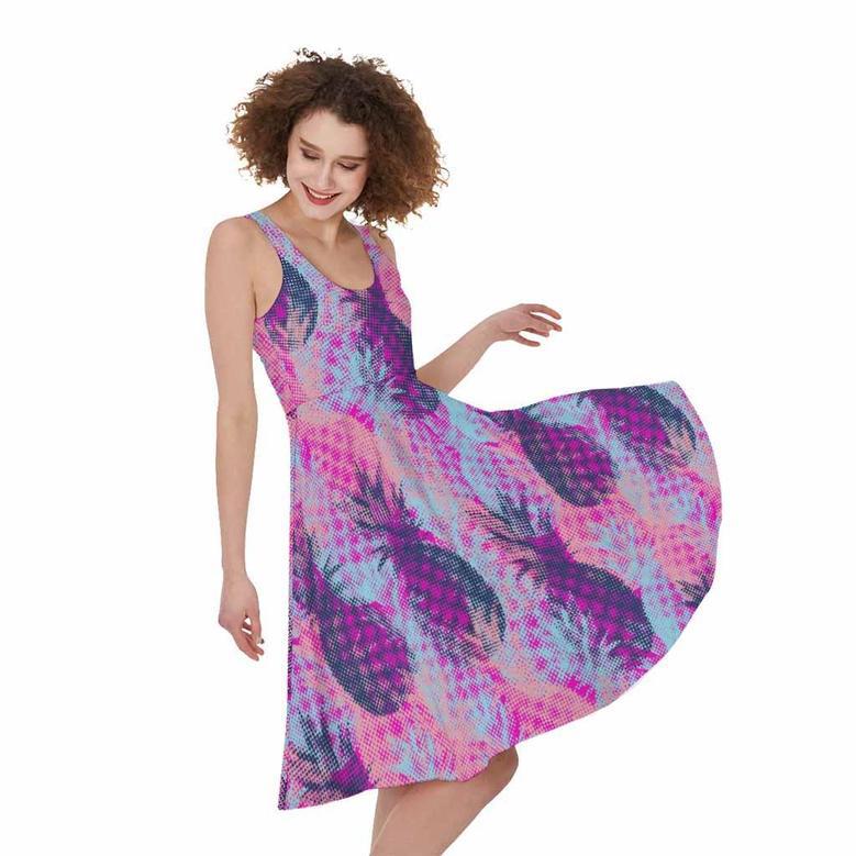 Neon Trippy Pineapple Pattern Print Sleeveless Knee Length Dress