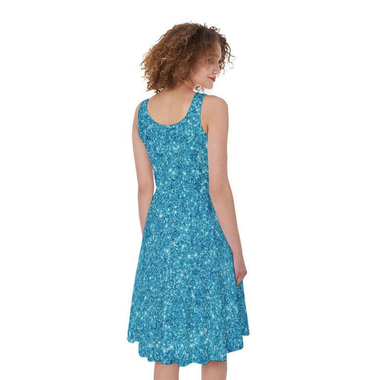 Ocean Blue (NOT Real) Glitter Print Sleeveless Knee Length Dress