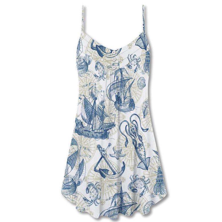 Ocean Life Vintage Sailboat Sea Monster Geographical Maps - V-Neck Sleeveless Cami Dress