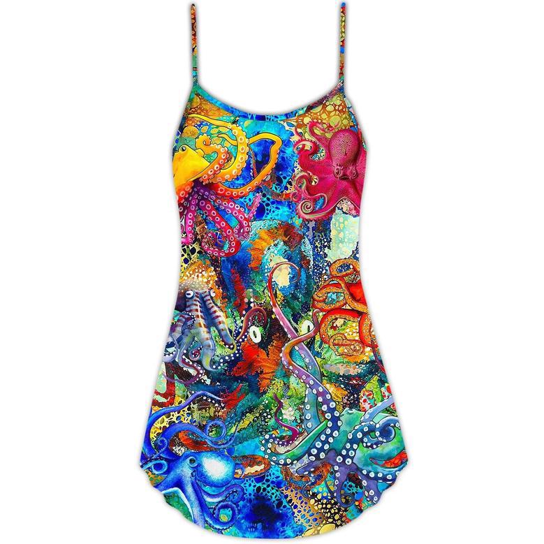 Octopus Lover Colorful Art Style - V-Neck Sleeveless Cami Dress