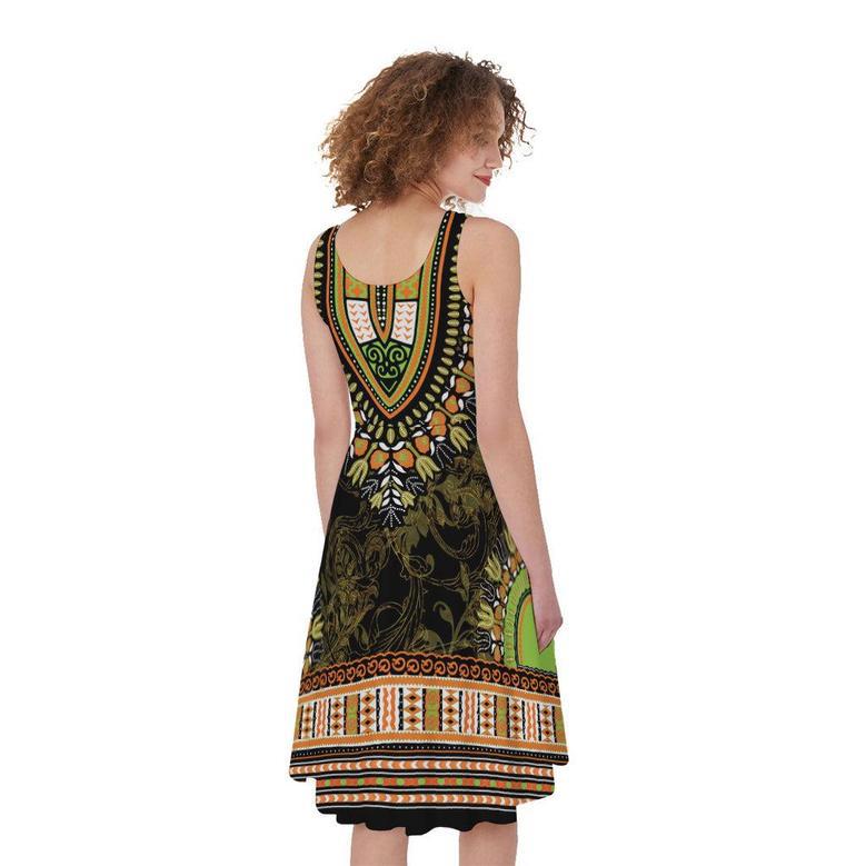 Orange And Black African Dashiki Print Sleeveless Knee Length Dress