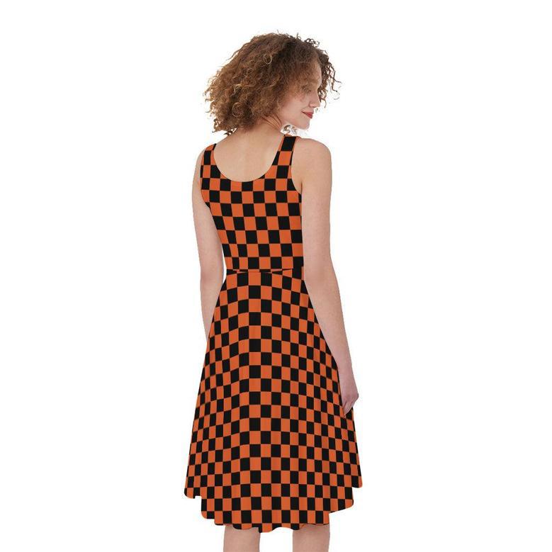 Orange And Black Checkered Pattern Print Sleeveless Knee Length Dress