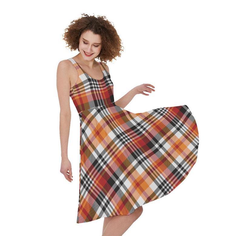 Orange And Black Madras Plaid Print Sleeveless Knee Length Dress