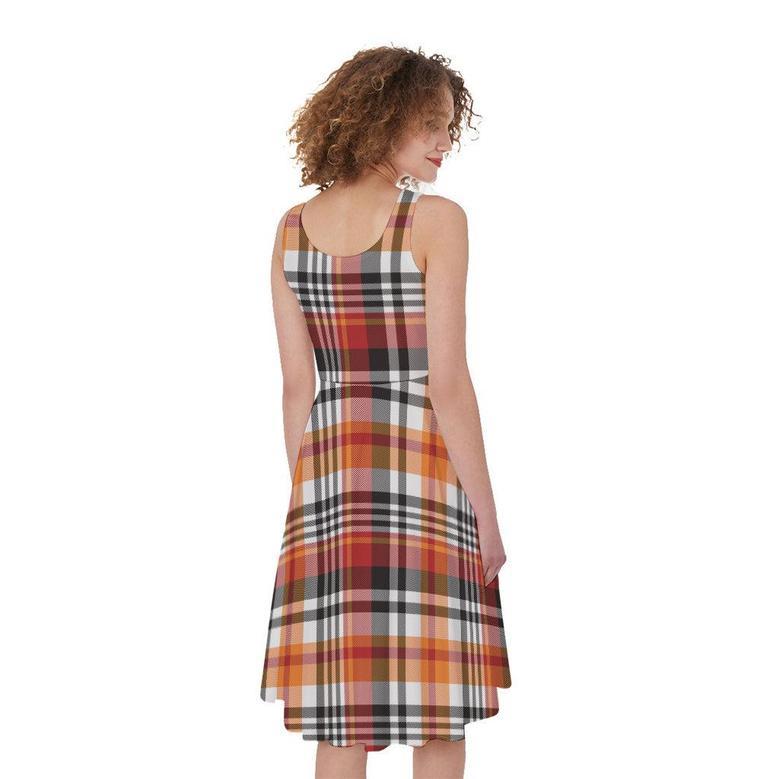 Orange And Black Madras Plaid Print Sleeveless Knee Length Dress