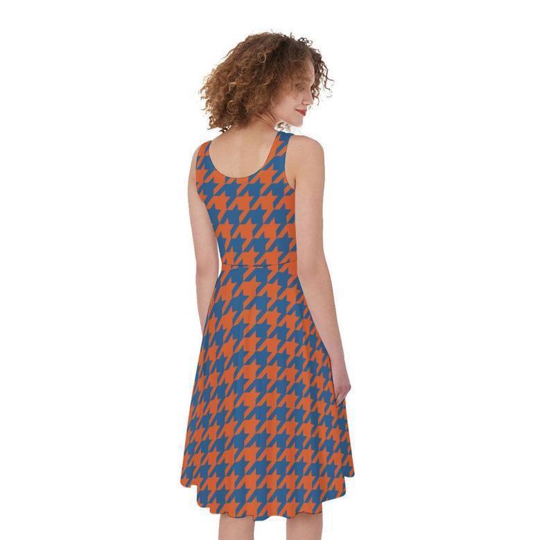 Orange And Blue Houndstooth Print Sleeveless Knee Length Dress