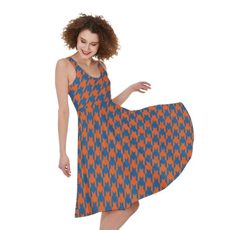 Orange And Blue Houndstooth Print Sleeveless Knee Length Dress