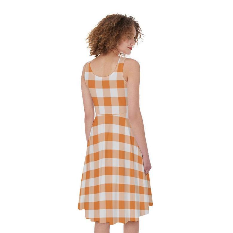 Orange And White Gingham Pattern Print Sleeveless Knee Length Dress