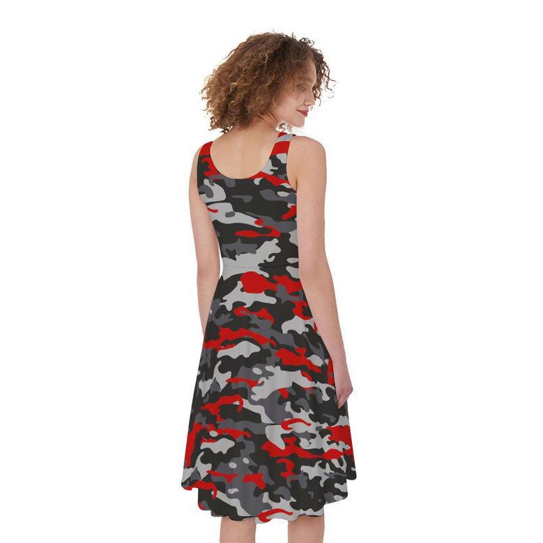 Orange Black And Grey Camouflage Print Sleeveless Knee Length Dress