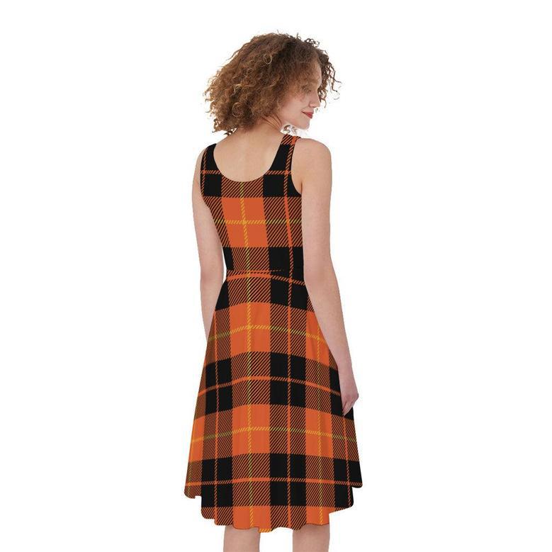 Orange Black And Yellow Tartan Print Sleeveless Knee Length Dress