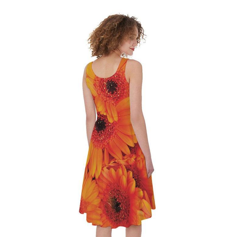 Orange Daisy Flower Print Sleeveless Knee Length Dress