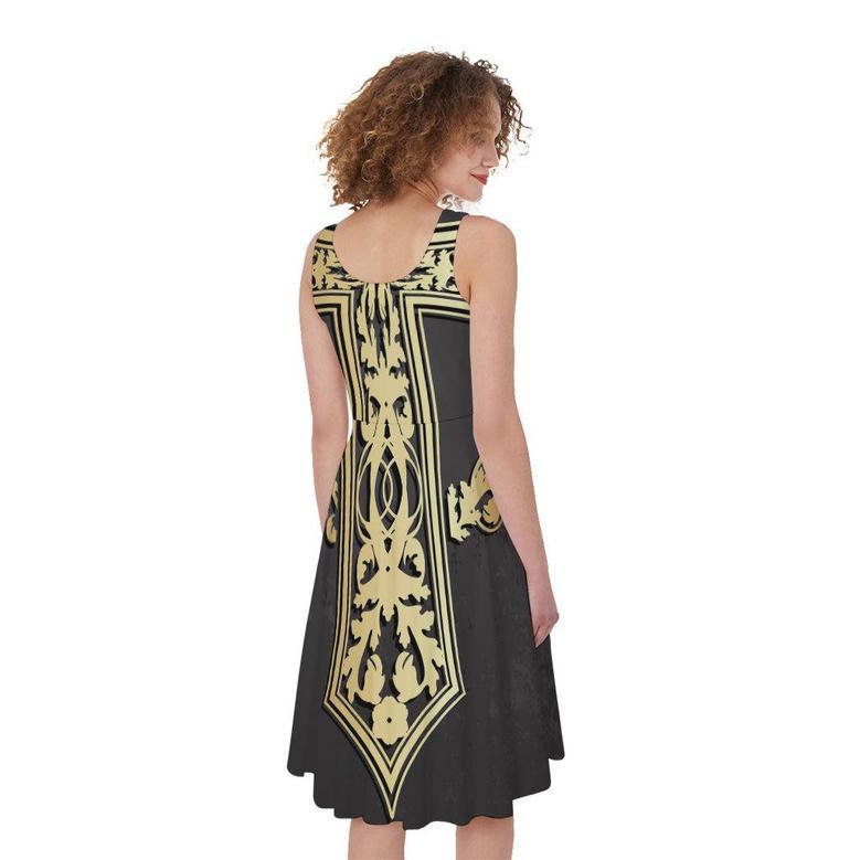 Ornamental Golden Cross Print Sleeveless Knee Length Dress