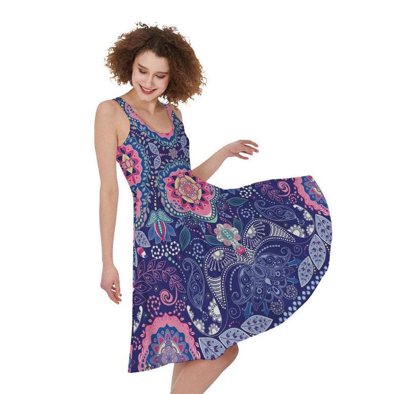 Ornamental Paisley Mandala Print Sleeveless Knee Length Dress