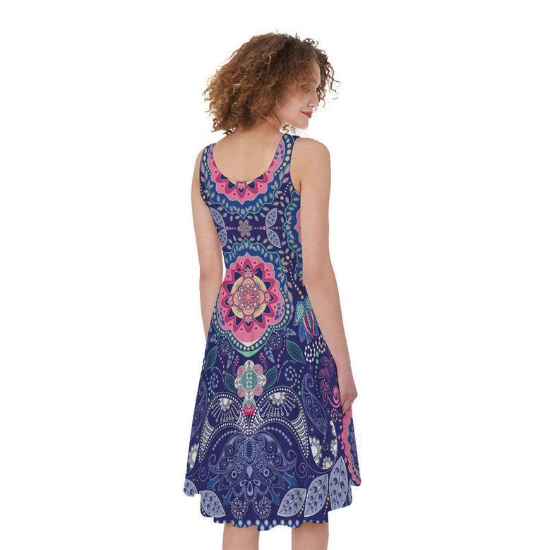 Ornamental Paisley Mandala Print Sleeveless Knee Length Dress