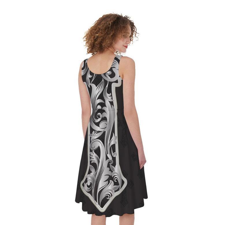 Ornamental Silver Cross Print Sleeveless Knee Length Dress