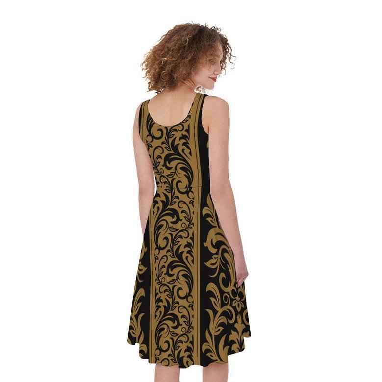 Ornamental Western Damask Print Sleeveless Knee Length Dress