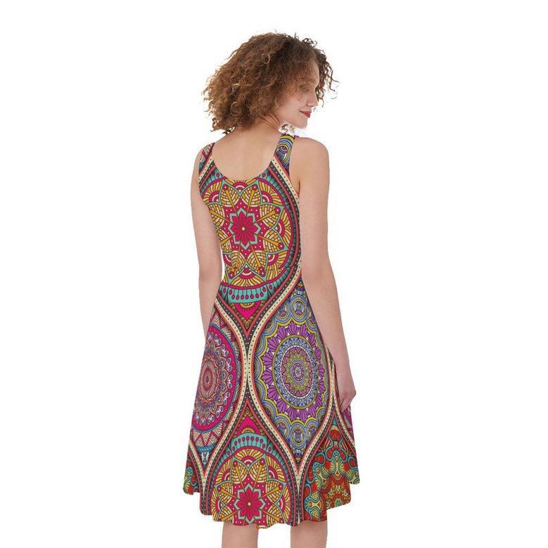 Oval Bohemian Mandala Patchwork Print Sleeveless Knee Length Dress