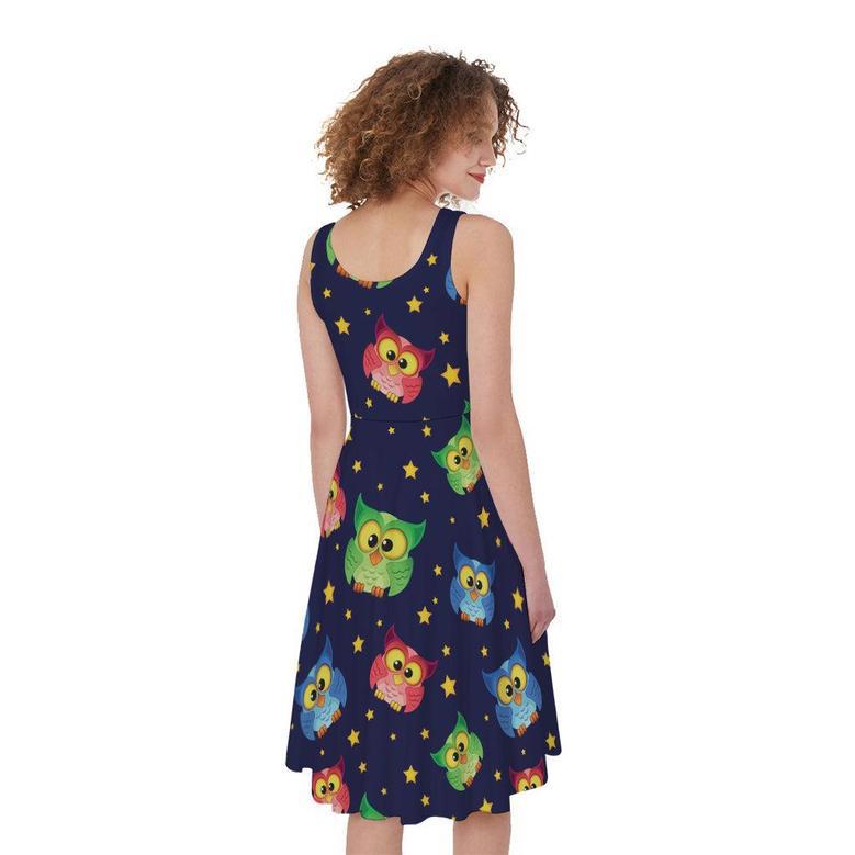 Owl And Star Pattern Print Sleeveless Knee Length Dress